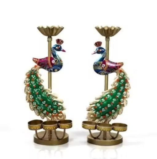 Peacock Tealight Holder Pair – Hand-Painted Folk Art