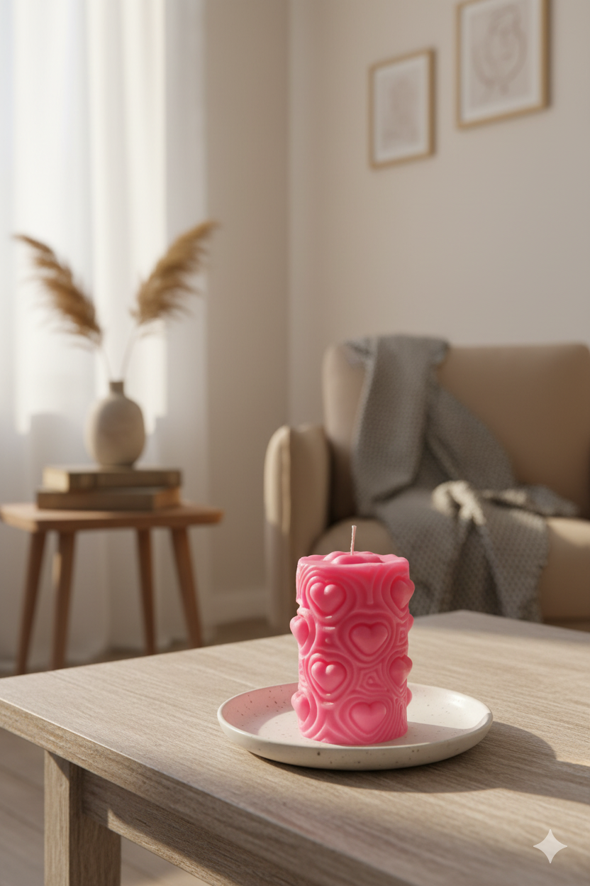 Blush Heartbeat Pillar Candle: Embossed Hearts Décor Candle