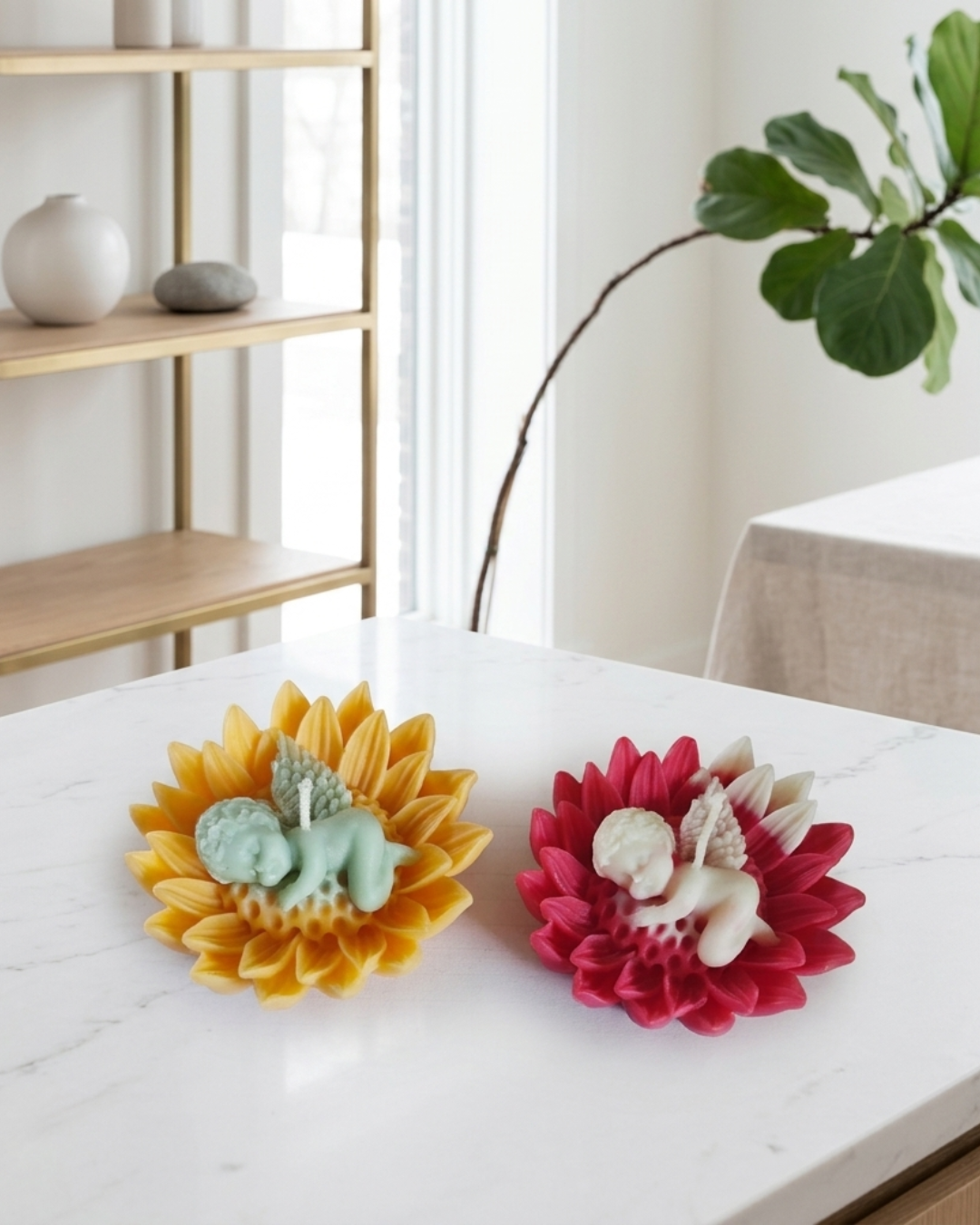 Sunflower Angel Nest Candles: Set of 2 Sleeping Angel Flower Candles